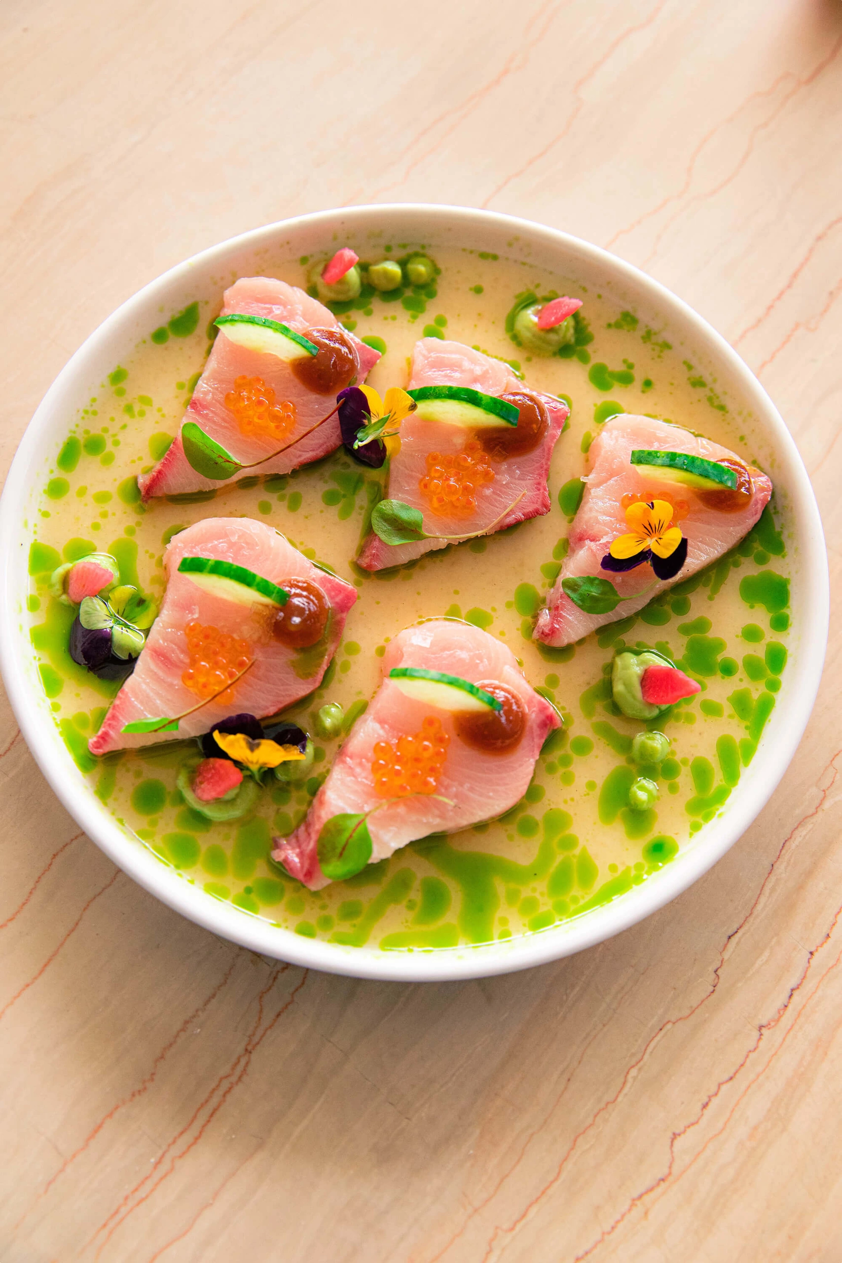 Hau Tree fresh tuna steaks with roe and cucumber