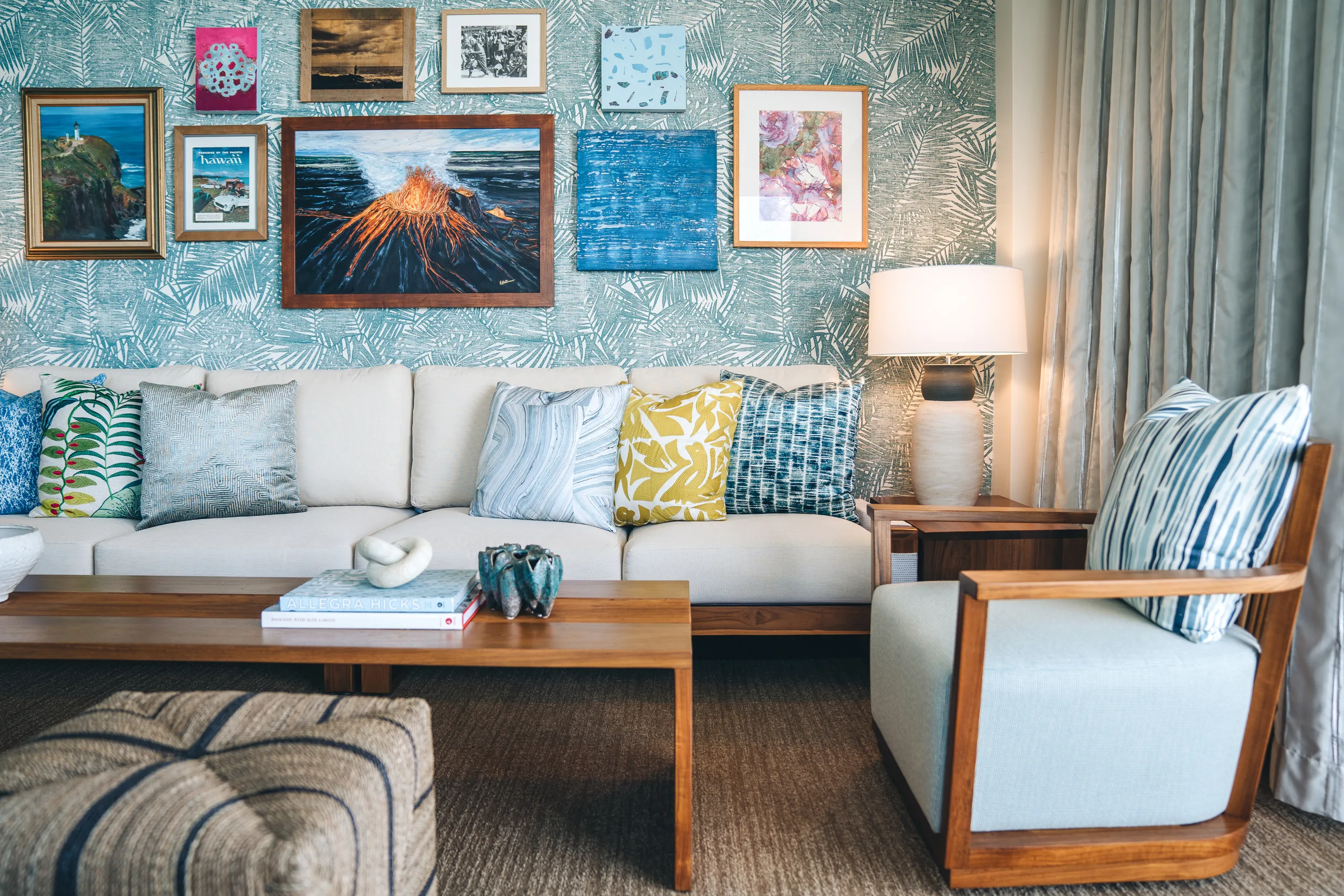 Lounge area with an art gallery wall