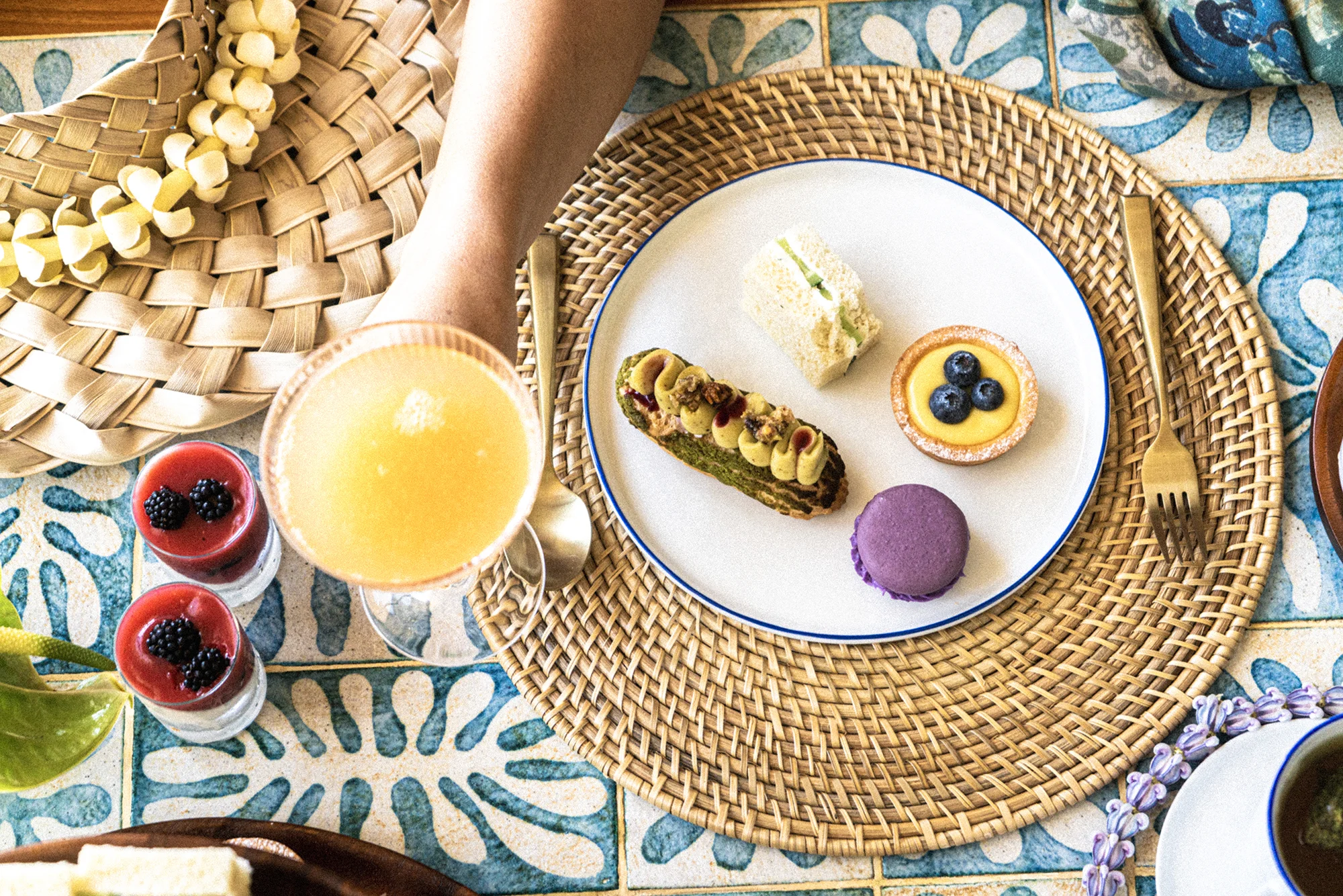 Pastries and treats beside a mimosa